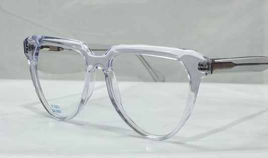 Crystal clear glossy transparent eyewear frame with Blue Cut lenses – minimal unisex design on white background